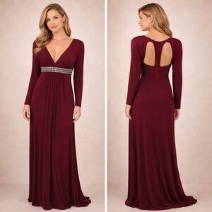 SKY Low-cut V-neck Long Sleeve Maxi Dress Burgundy Size XS